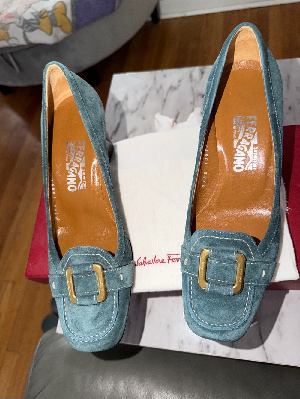 Salvatore Ferragamo Teal Suede Buckle Loafers with 2.5 inch heals pristine cond.